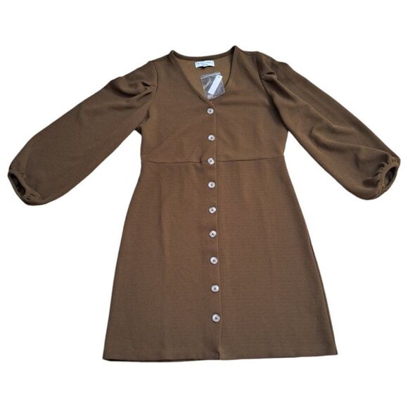 Madewell Texture & Thread Women's Asparagus Crepe Balloon-Sleeve Dress Button M - Picture 4 of 9